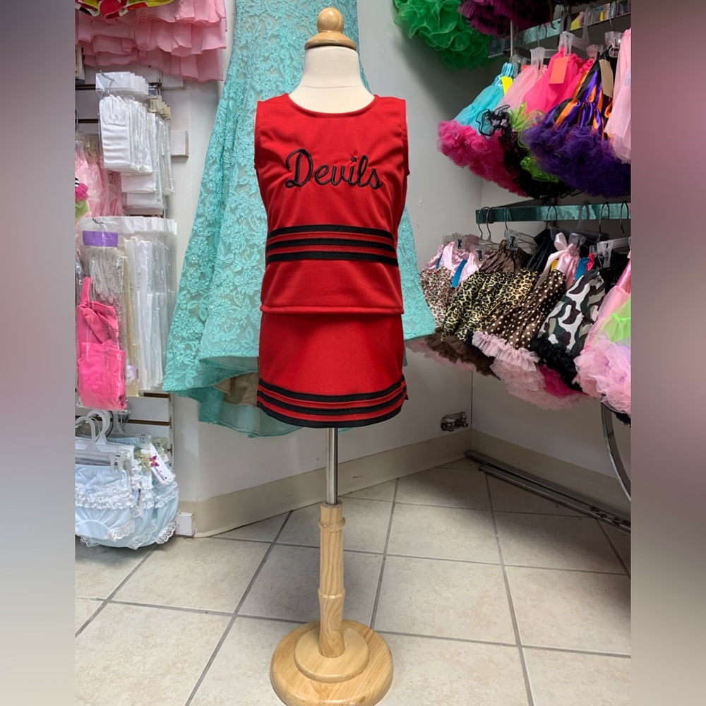 Childs Size 5-7 Devils Logo Red & Black Cheerleader Cheerleading Uniform Set NWT